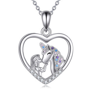 Sterling Silver Round Zircon Heart & Unicorn Pendant Necklace-2