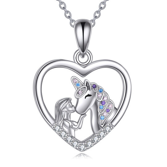 Sterling Silver Round Zircon Heart & Unicorn Pendant Necklace