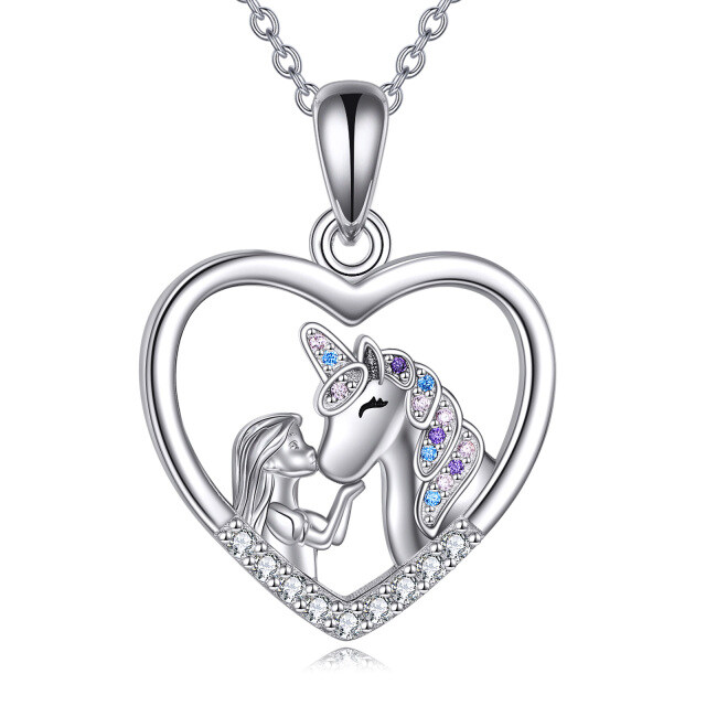 Sterling Silver Round Zircon Heart & Unicorn Pendant Necklace-3