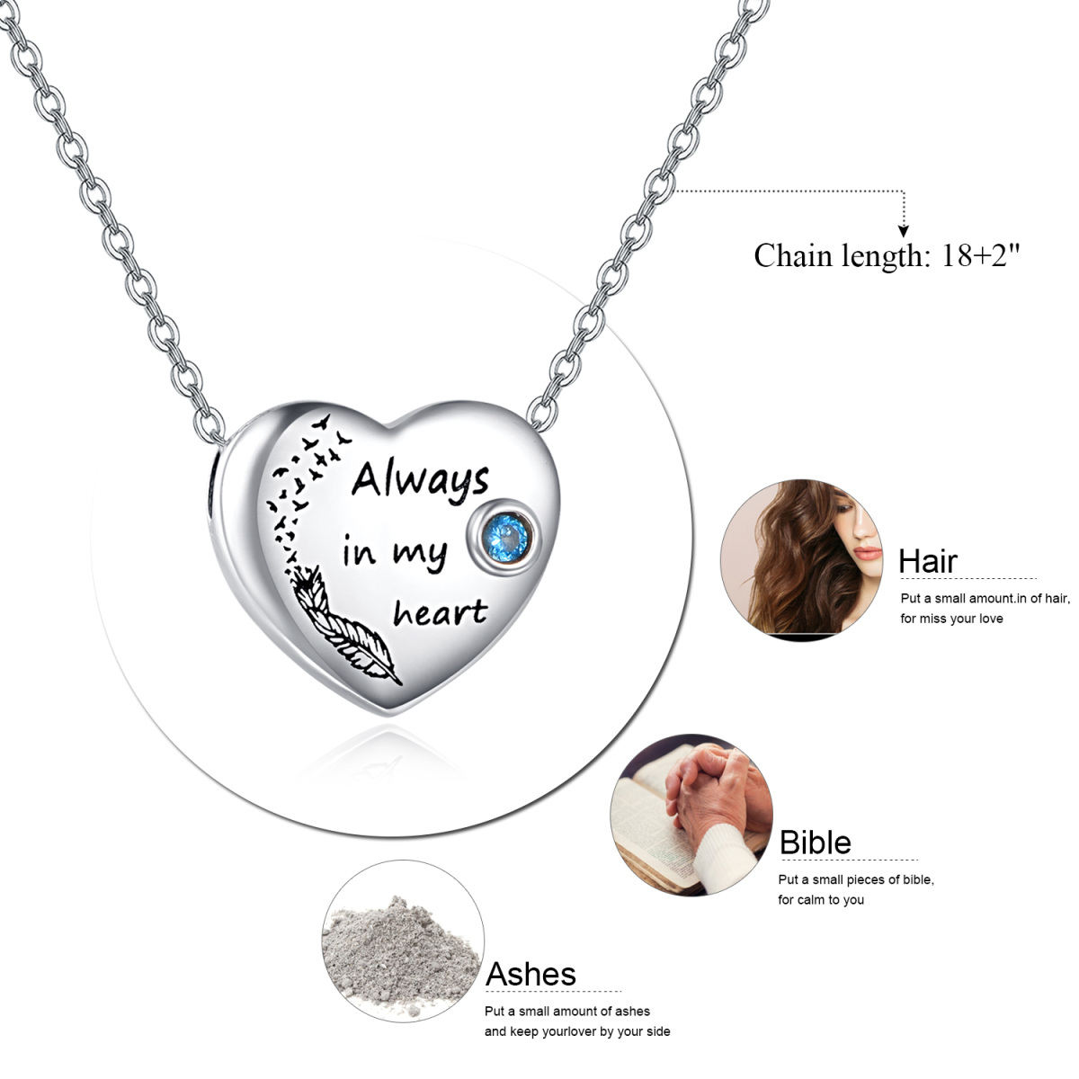 Collana d'argento per urne a forma di cuore con zircone rotondo e parola incisa-5