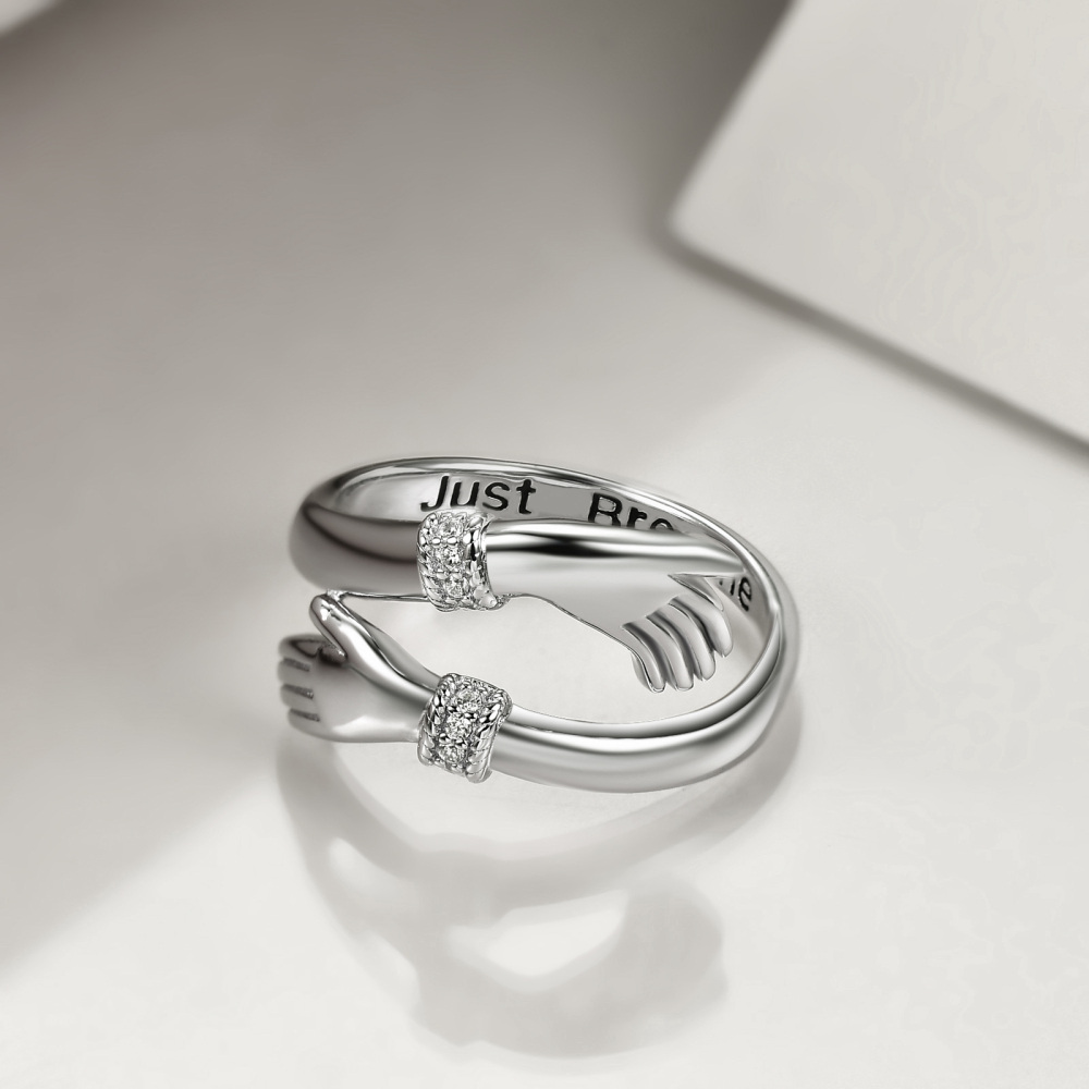 Sterling Silver Round Zircon Hold Hands Open Ring-3
