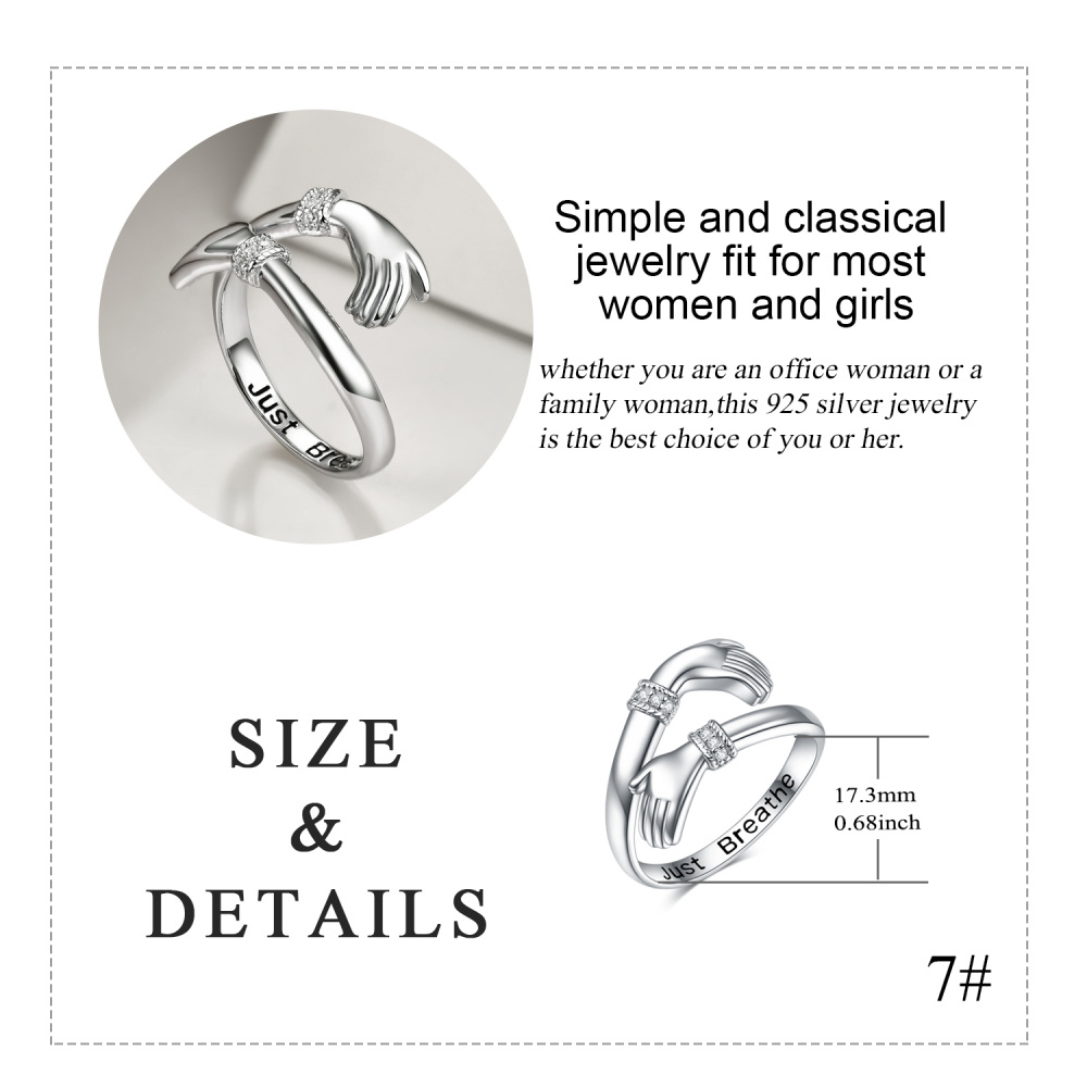 Sterling Silver Round Zircon Hold Hands Open Ring-5