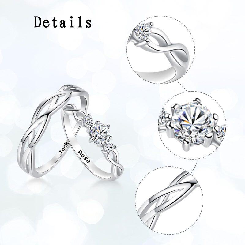 Sterling Silber Runde Zirkon Unendlichkeit Symbol personalisierte Gravur Paar Ringe-5