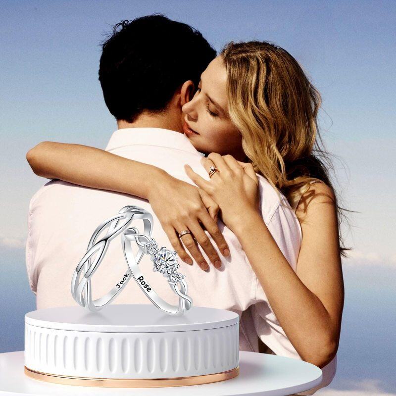 Sterling Silber Runde Zirkon Unendlichkeit Symbol personalisierte Gravur Paar Ringe-6