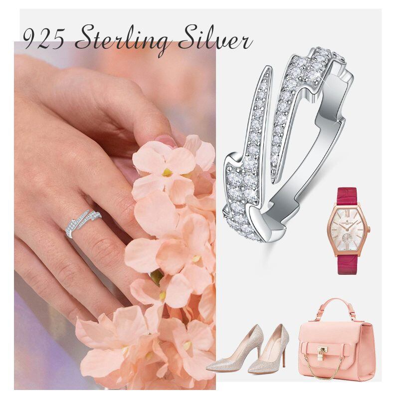 Sterling Silver Round Zircon Lightning Open Ring-5