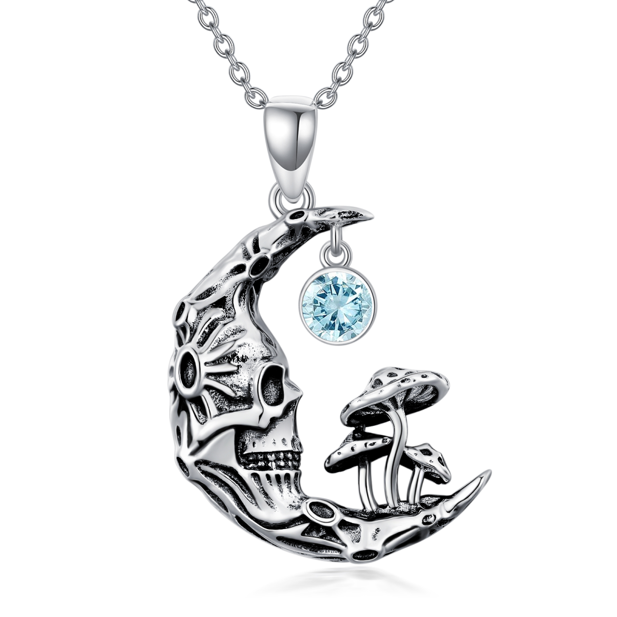 Sterling Silver Round Zircon Mushroom & Skeleton Pendant Necklace-1