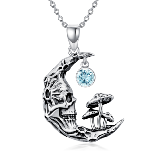 Sterling Silver Round Zircon Mushroom & Skeleton Pendant Necklace-3