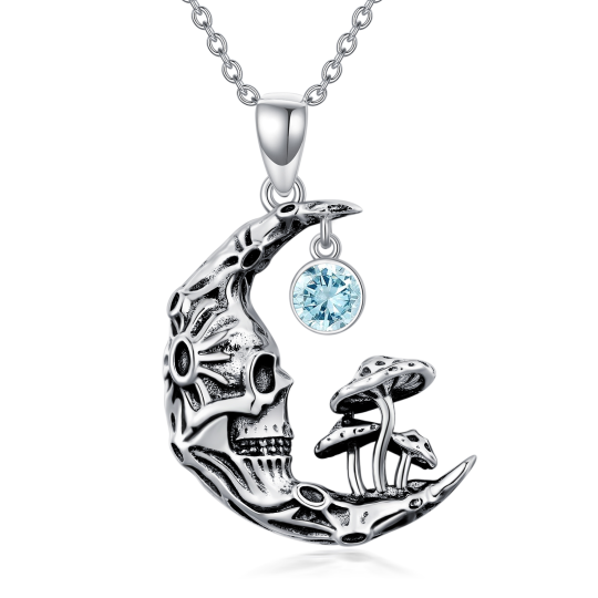 Sterling Silver Round Zircon Mushroom & Skeleton Pendant Necklace