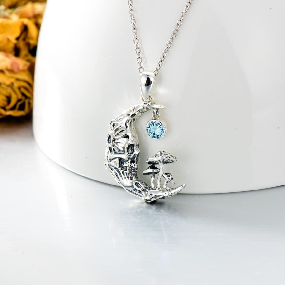 Sterling Silver Round Zircon Mushroom & Skeleton Pendant Necklace-3