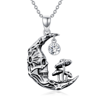 Sterling Silver Round Zircon Mushroom & Skeleton Pendant Necklace-18