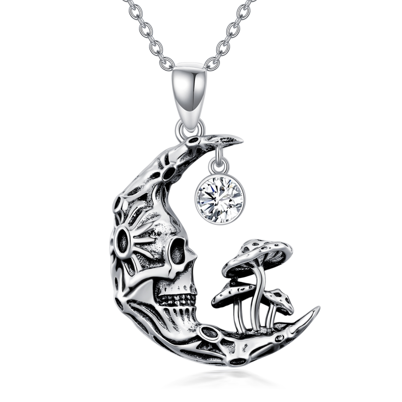 Sterling Silver Round Zircon Mushroom & Skeleton Pendant Necklace-10