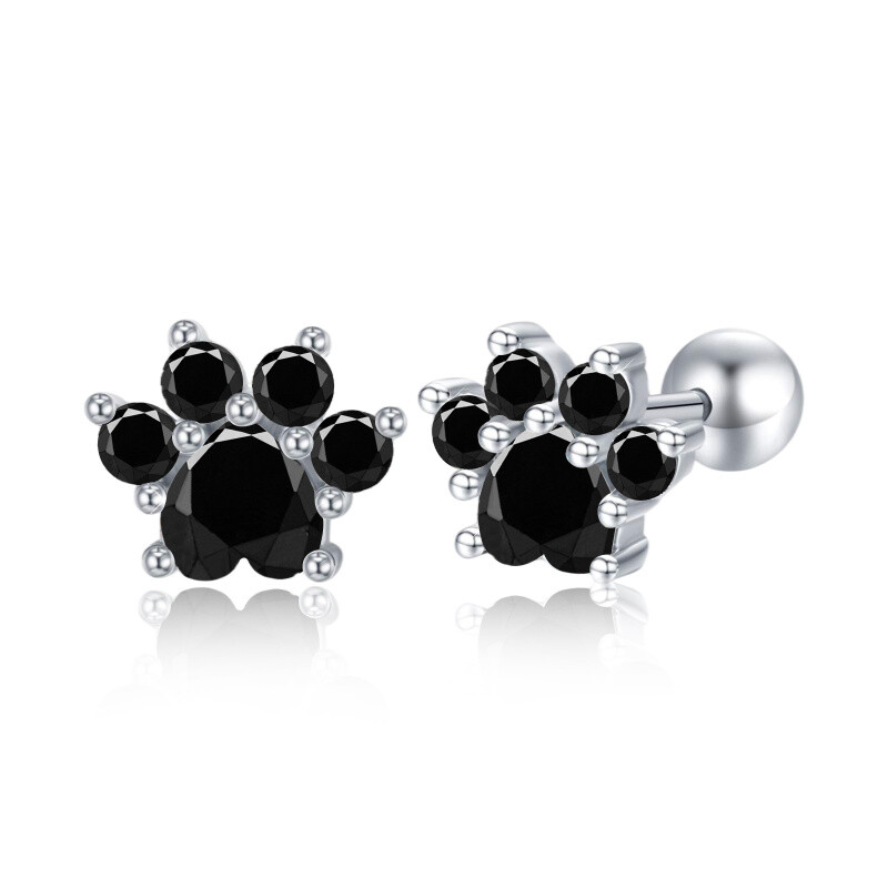 Sterling Silver Round Zircon Paw Stud Earrings-1