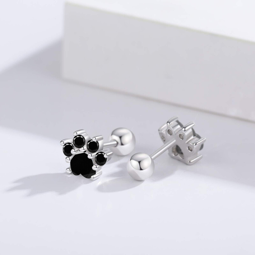 Sterling Silver Round Zircon Paw Stud Earrings-5