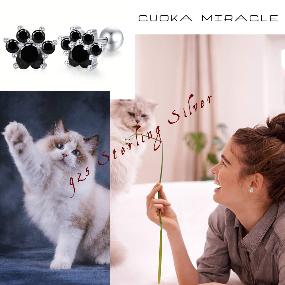 Sterling Silver Round Zircon Paw Stud Earrings-6