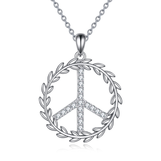 Sterling Silber Runde Zirkon Peace Symbol Anhänger Halskette-1