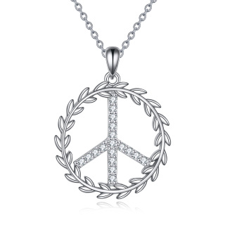 Sterling Silver Round Zircon Peace Symbol Pendant Necklace-33