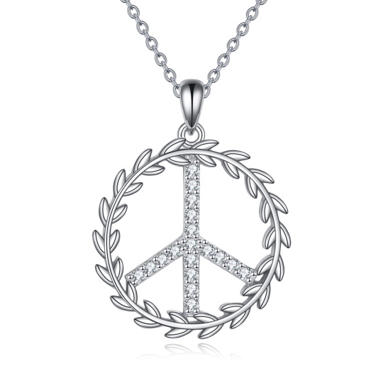 Sterling Silver Round Zircon Peace Symbol Pendant Necklace