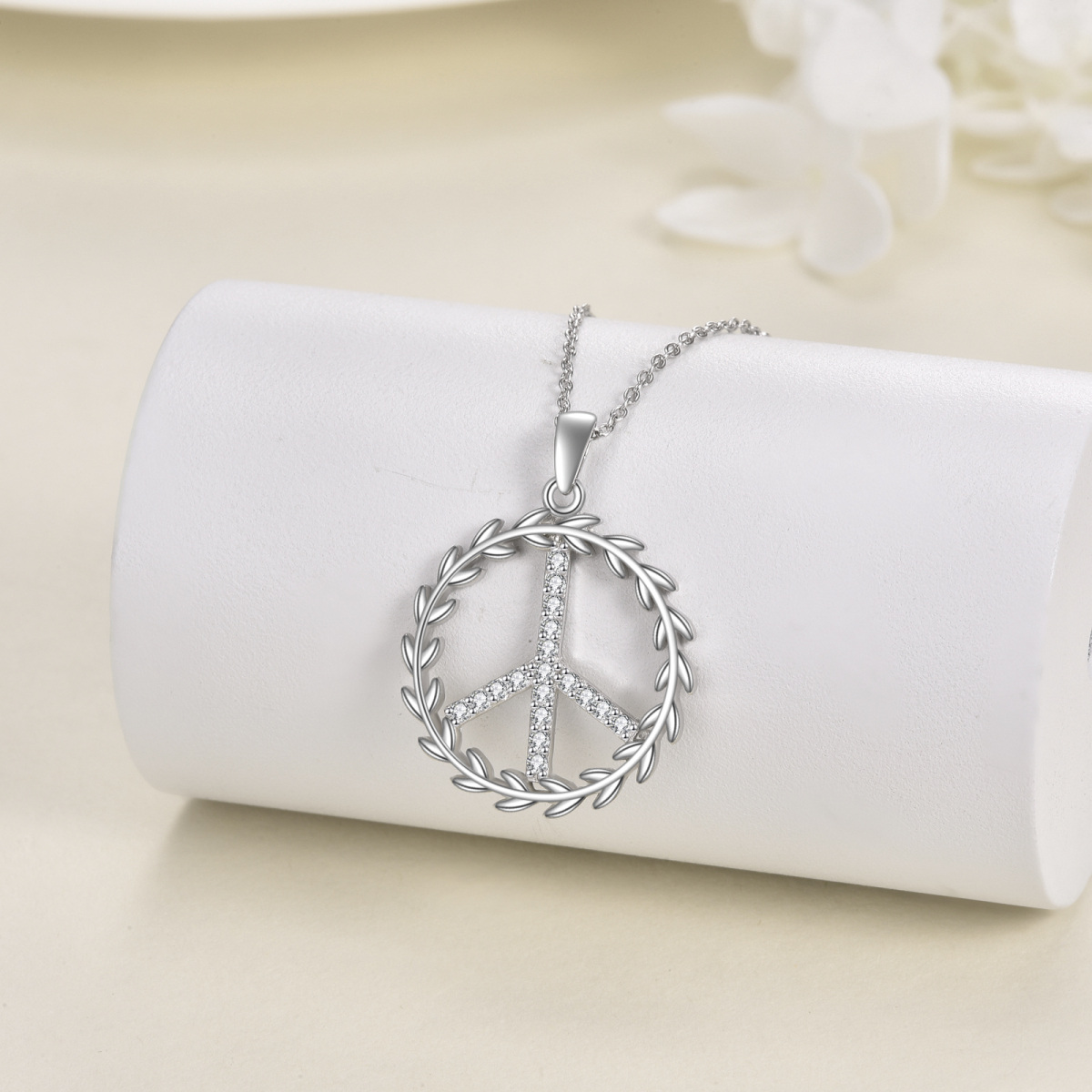 Sterling Silver Round Zircon Peace Symbol Pendant Necklace-3