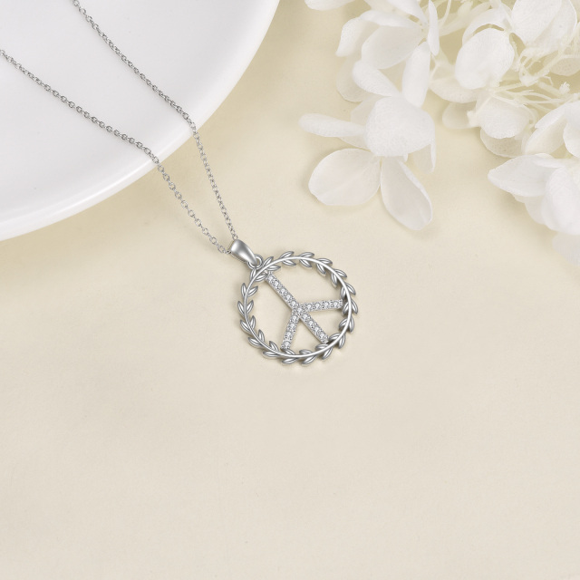 Sterling Silver Round Zircon Peace Symbol Pendant Necklace-4