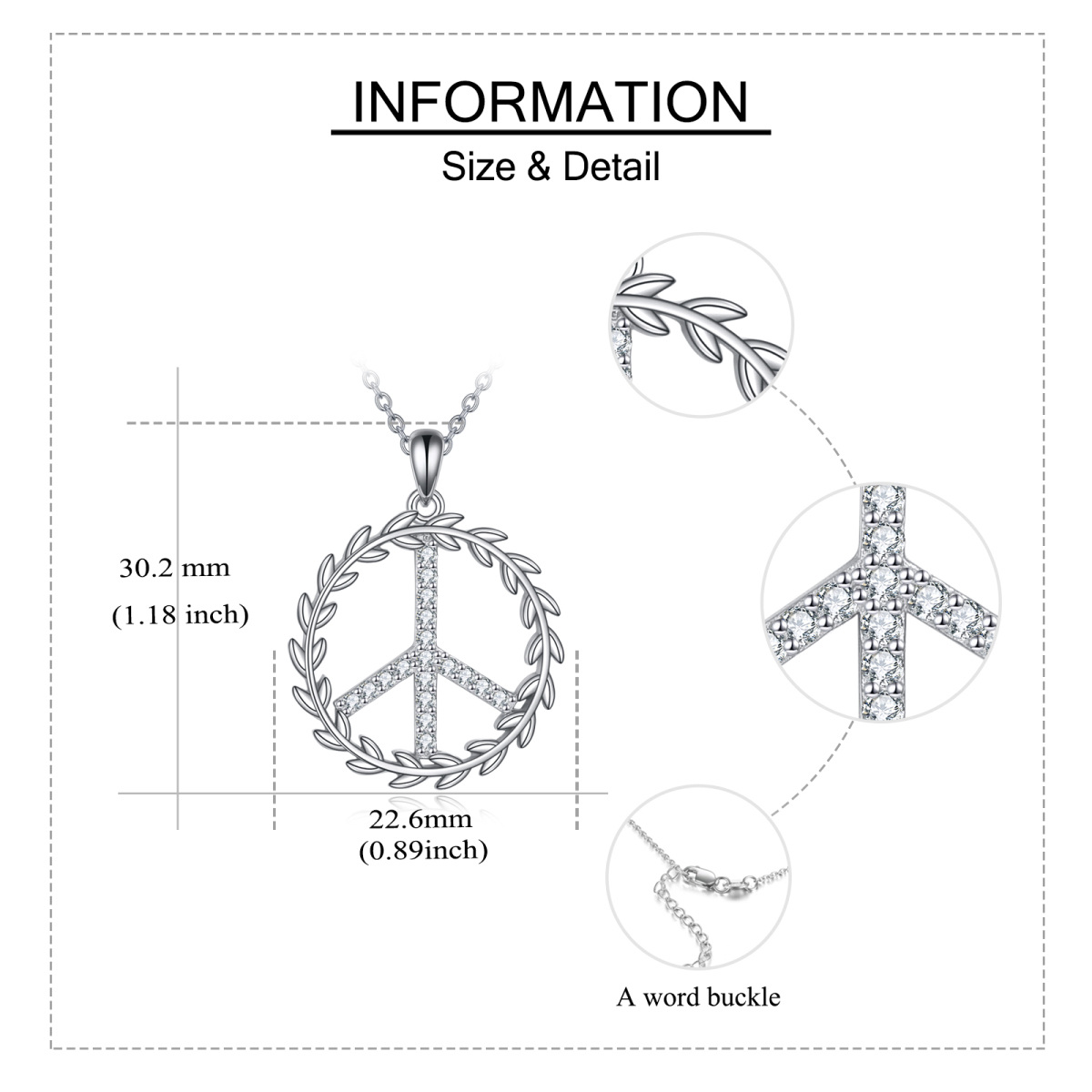 Sterling Silber Runde Zirkon Peace Symbol Anhänger Halskette-5