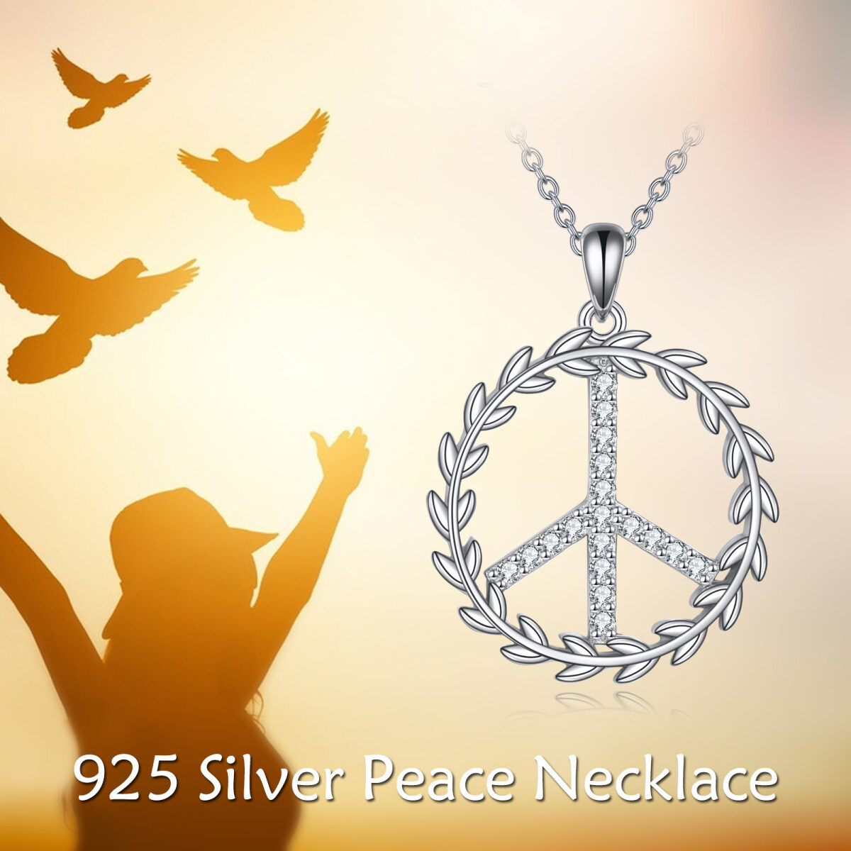 Sterling Silver Round Zircon Peace Symbol Pendant Necklace-6