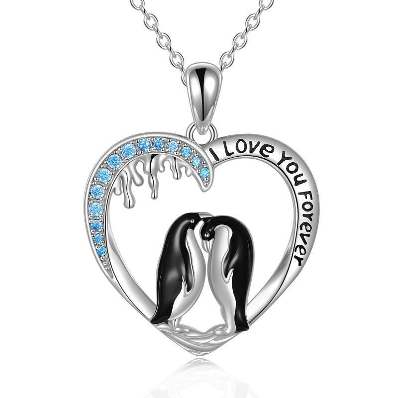 Collana con ciondolo a cuore e pinguino con zircone rotondo in argento sterling con parola incisa-9