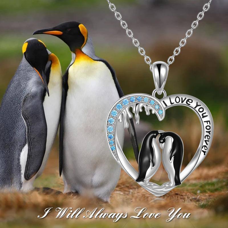 Sterling Silver Round Zircon Penguin & Heart Pendant Necklace with Engraved Word-3