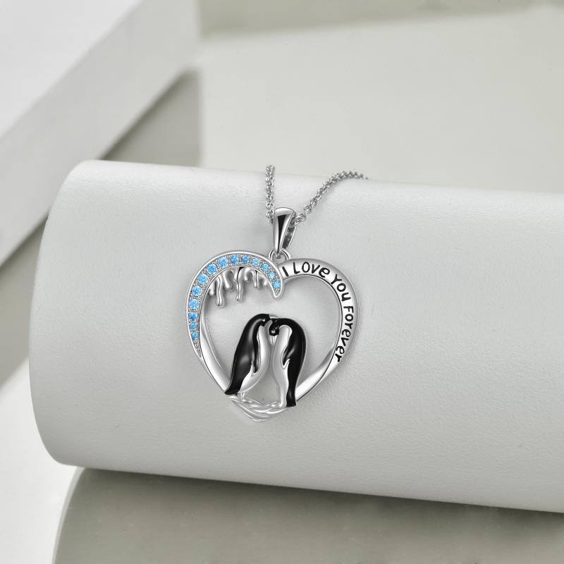 Sterling Silver Round Zircon Penguin & Heart Pendant Necklace with Engraved Word-4