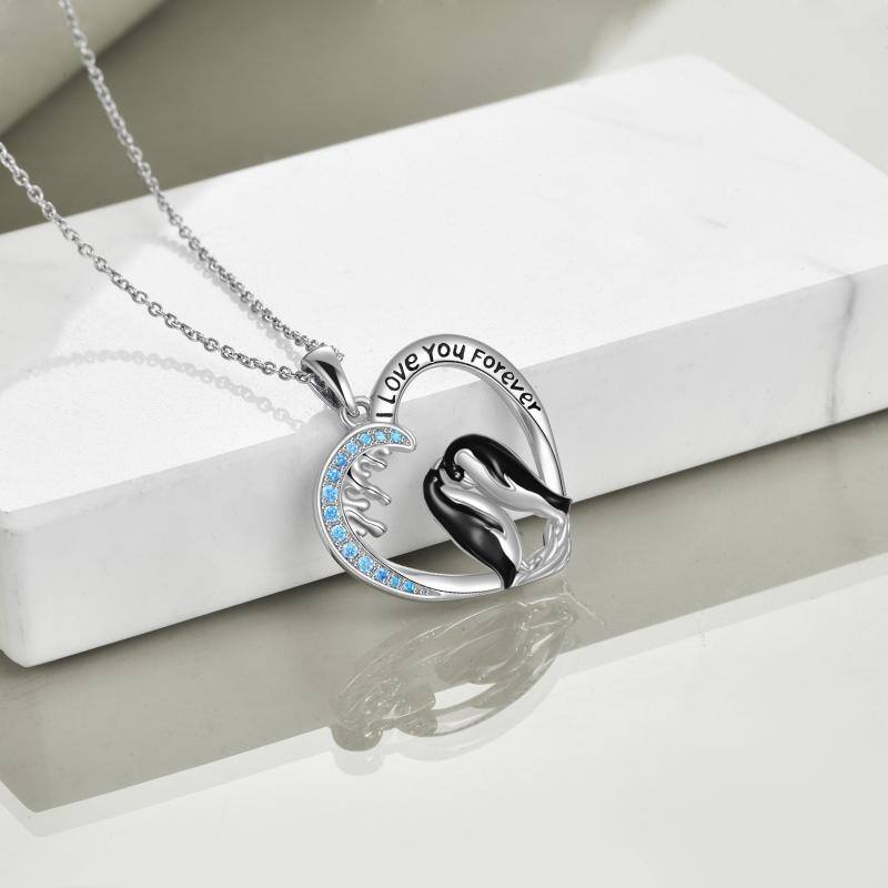 Sterling Silver Round Zircon Penguin & Heart Pendant Necklace with Engraved Word-5