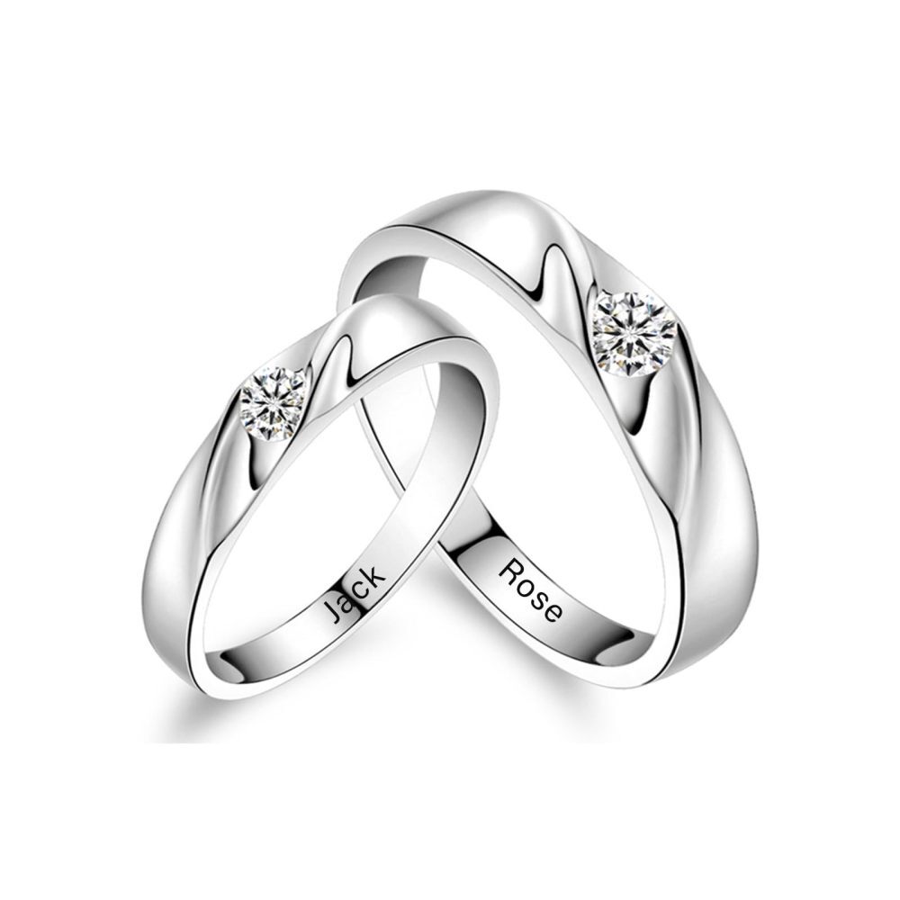 Bagues de couple et gravure personnalisée en argent sterling avec zircon rond pour femme-1