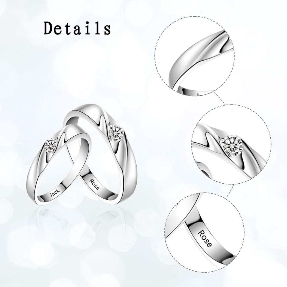 Bagues de couple et gravure personnalisée en argent sterling avec zircon rond pour femme-4