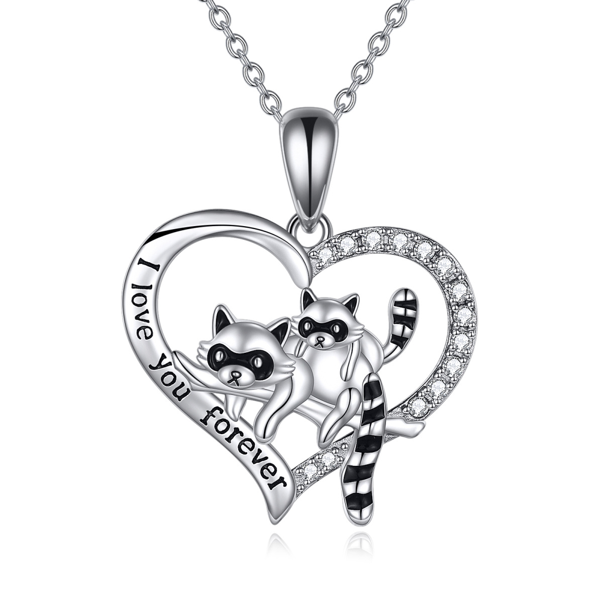 Sterling Silver Round Zircon Raccoon & Heart Pendant Necklace with Engraved Word-1