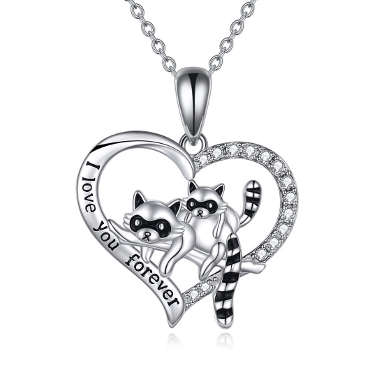 Sterling Silver Round Zircon Raccoon & Heart Pendant Necklace with Engraved Word