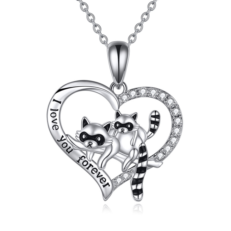 Collana con ciondolo a forma di cuore e procione con zircone rotondo in argento sterling con parola incisa-1