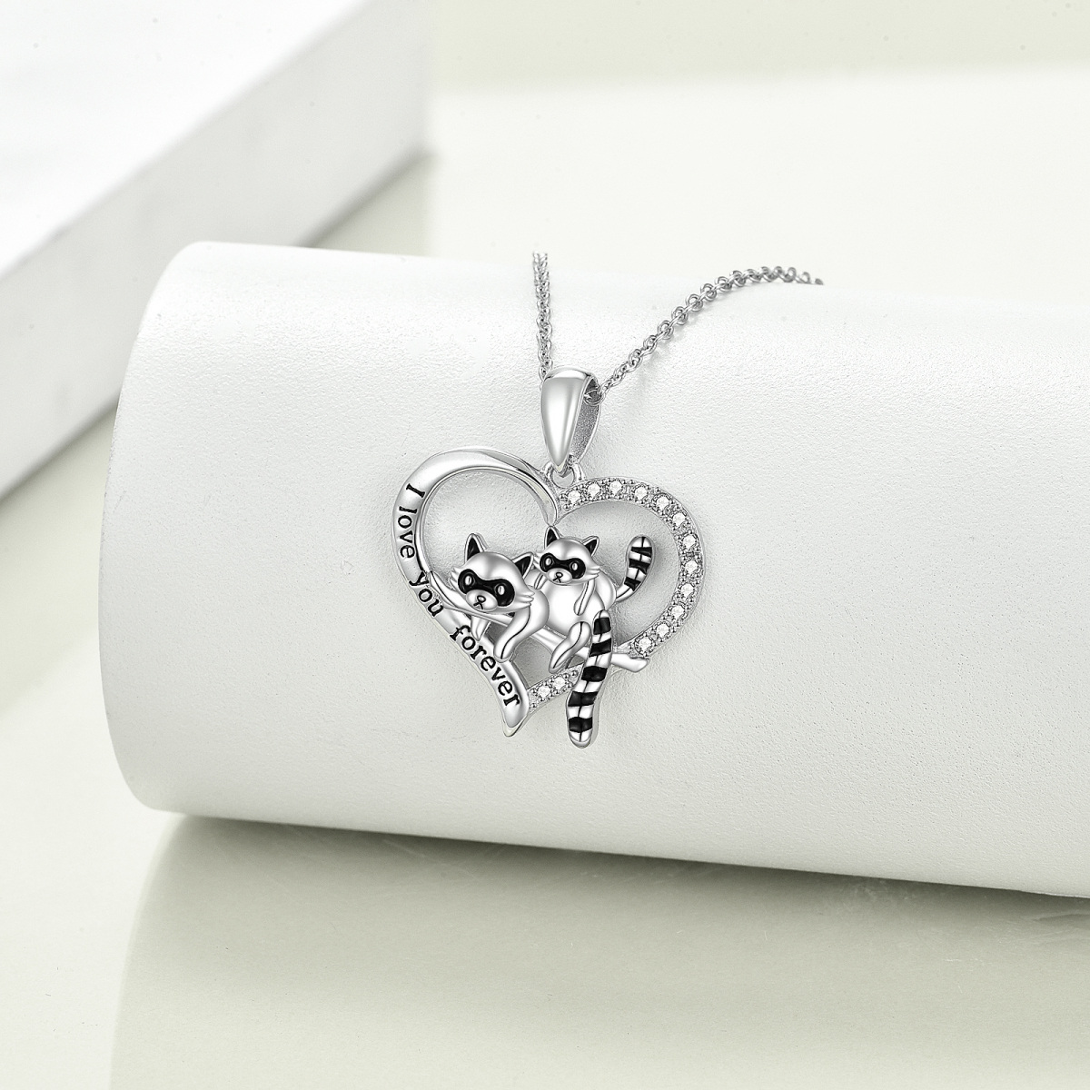 Sterling Silver Round Zircon Raccoon & Heart Pendant Necklace with Engraved Word-3