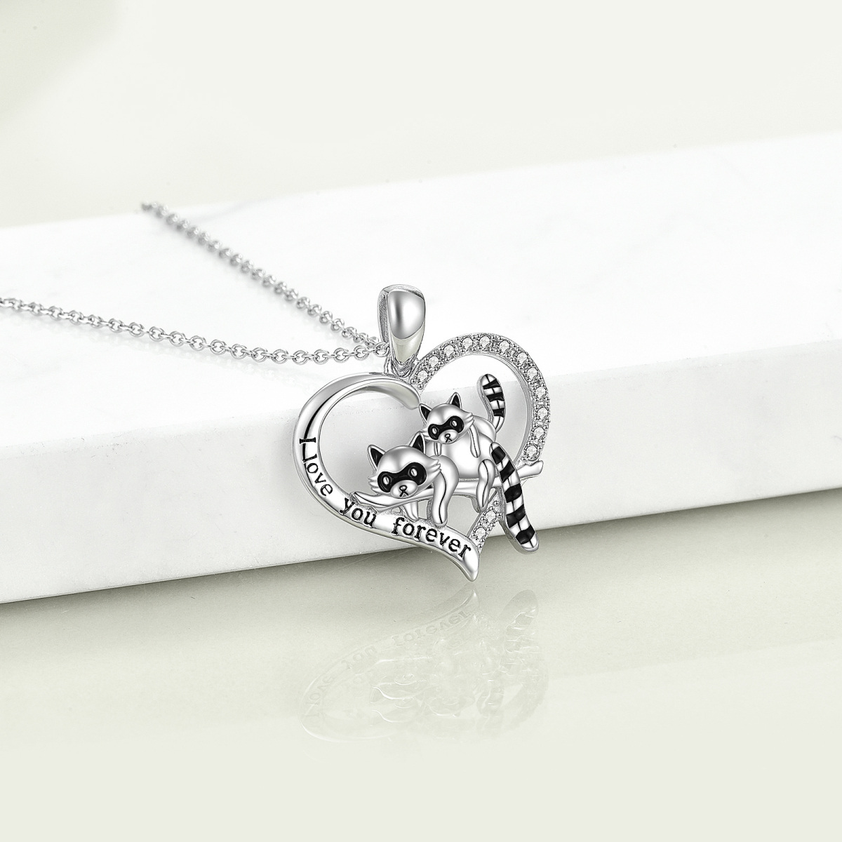 Sterling Silver Round Zircon Raccoon & Heart Pendant Necklace with Engraved Word-4