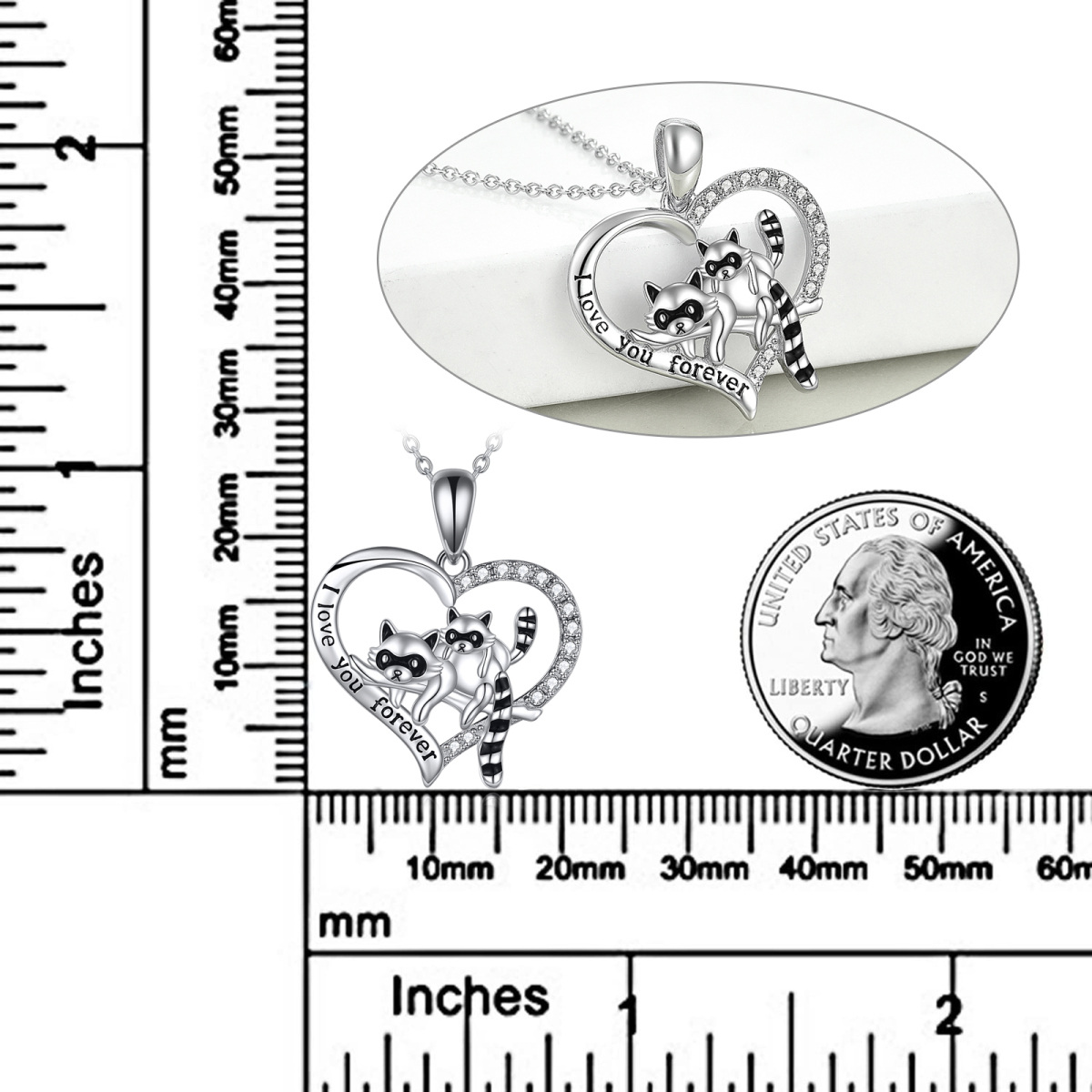 Sterling Silber Runde Zirkon Waschbär & Herz-Anhänger Halskette mit eingraviertem Wort-5