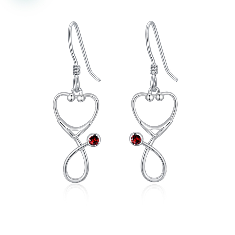 Sterling Silver Round Zircon Stethoscope Drop Earrings-1