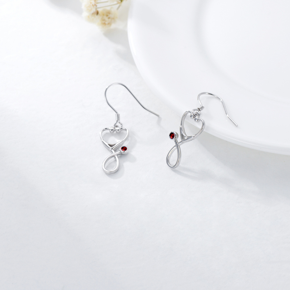 Sterling Silver Round Zircon Stethoscope Drop Earrings-3
