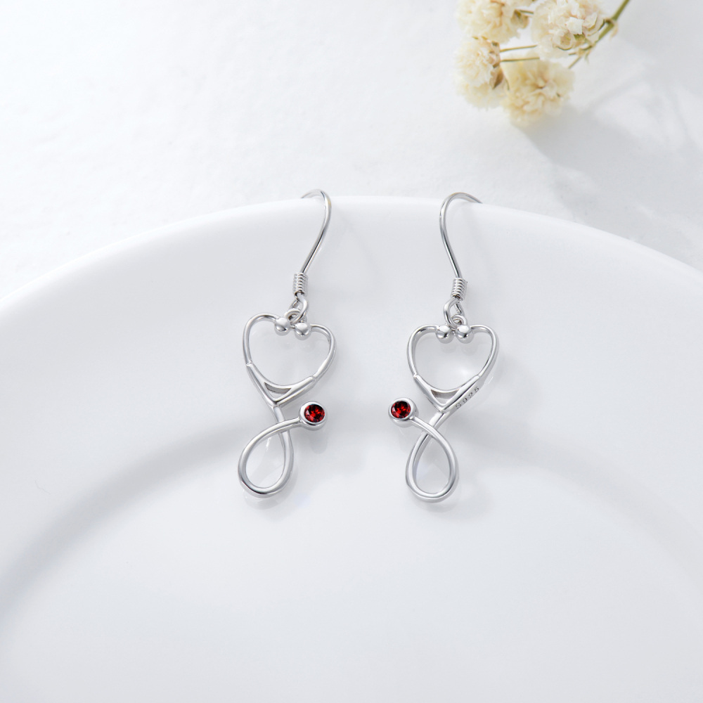 Sterling Silver Round Zircon Stethoscope Drop Earrings-4