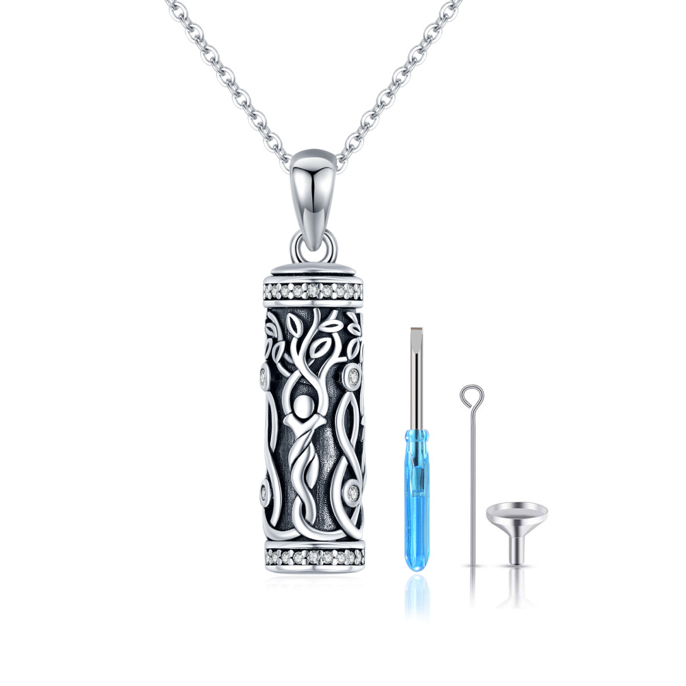 Sterling Silver Round Zircon Tree Of Life Pendant Necklace-1
