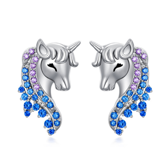 Sterling Silver Round Zircon Unicorn Stud Earrings