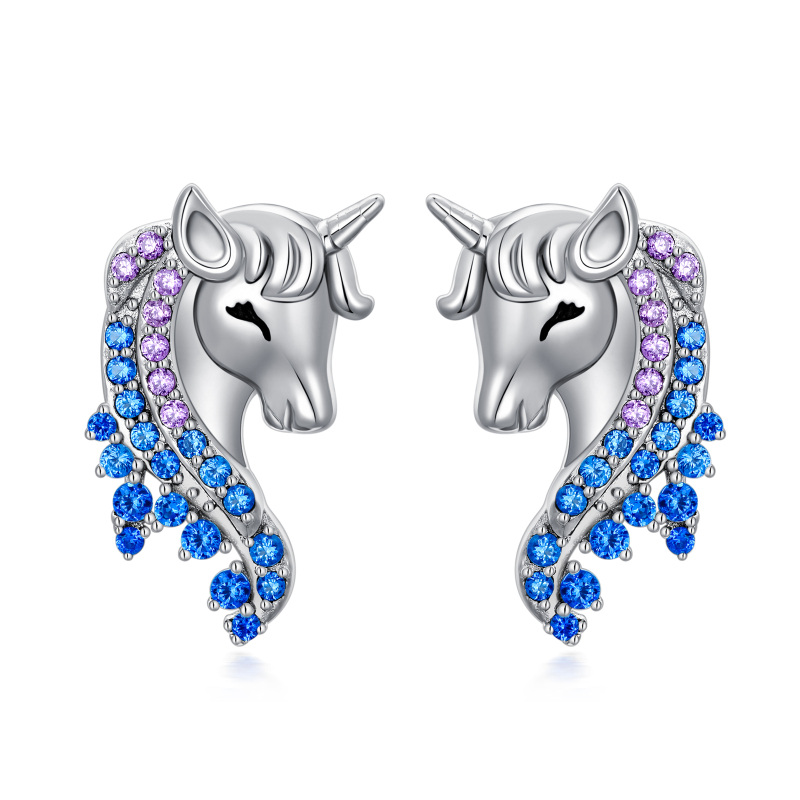 Sterling Silver Round Zircon Unicorn Stud Earrings-14