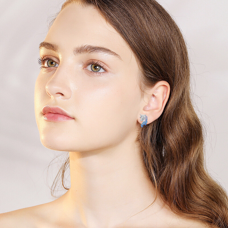 Sterling Silver Round Zircon Unicorn Stud Earrings-2