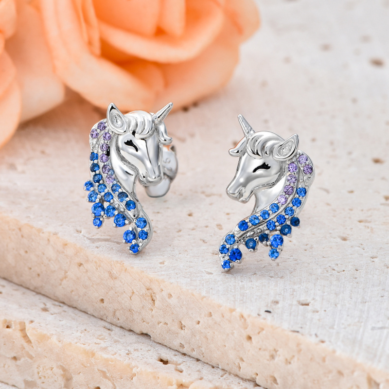 Sterling Silver Round Zircon Unicorn Stud Earrings-3