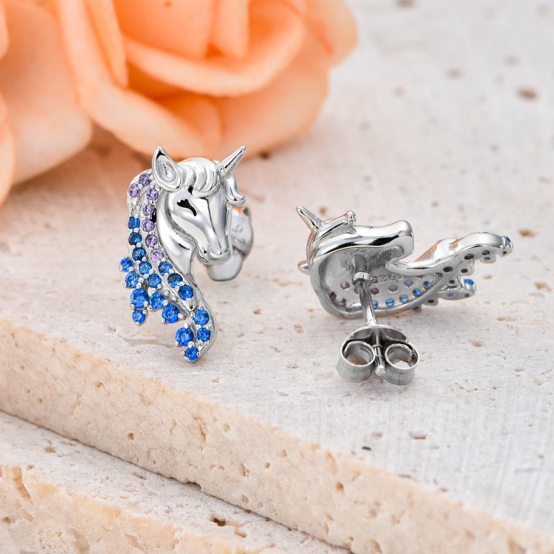 Sterling Silver Round Zircon Unicorn Stud Earrings-4