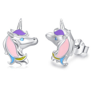 Sterling Silver Round Zircon Unicorn Stud Earrings-27