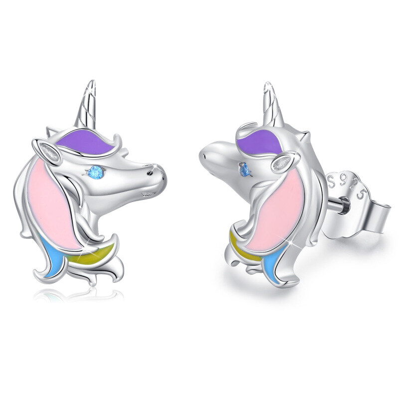 Sterling Silver Round Zircon Unicorn Stud Earrings-19