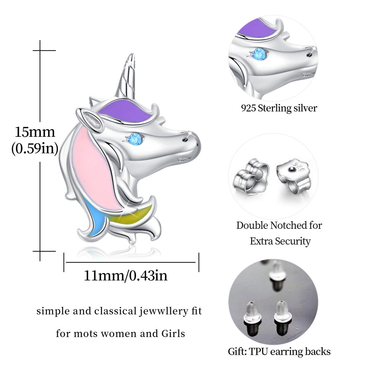 Sterling Silver Round Zircon Unicorn Stud Earrings-5