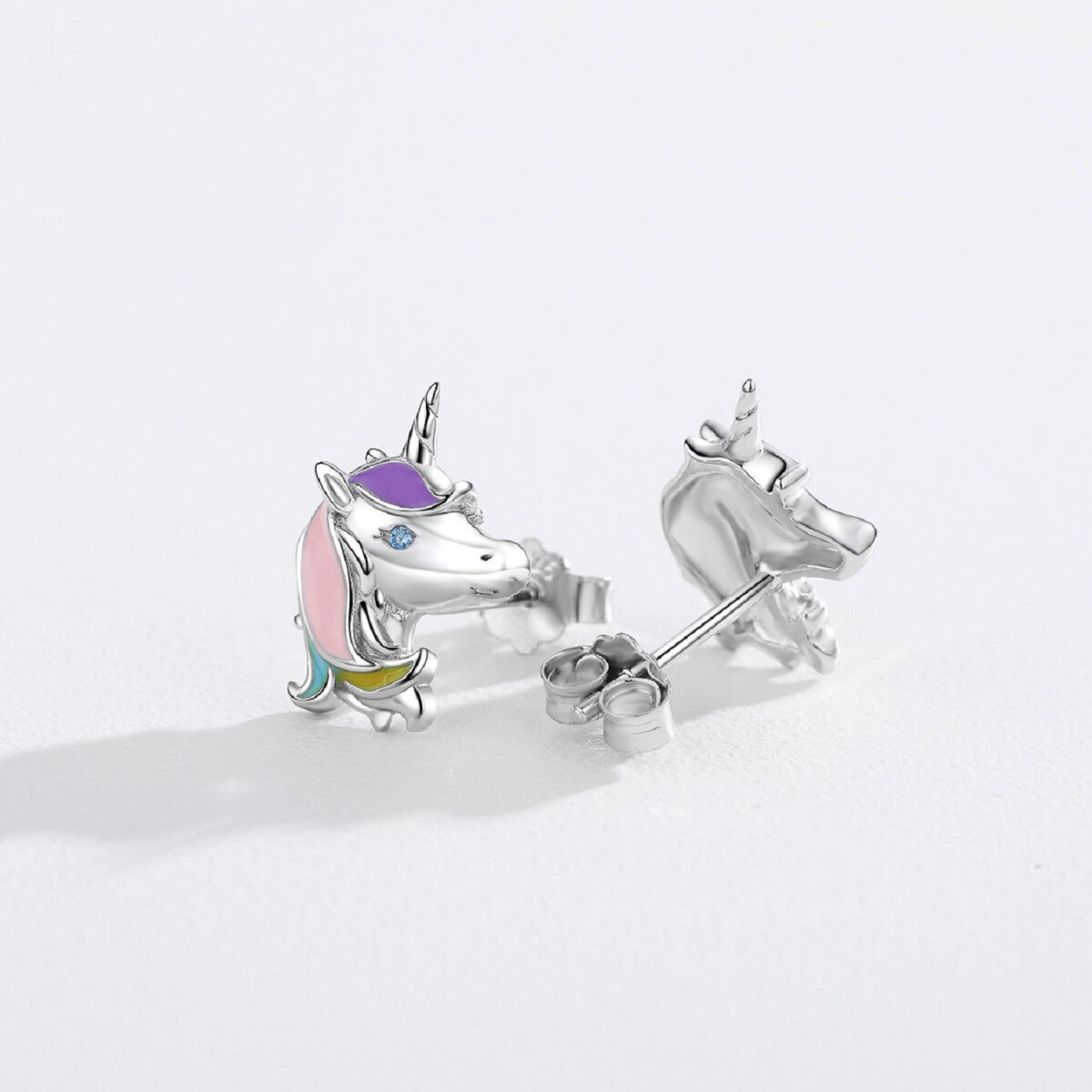 Sterling Silver Round Zircon Unicorn Stud Earrings-6